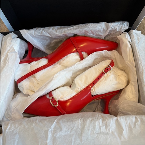 Larroudé Ines Red Leather Ankle Strap Pumps 6.5 NWT - Picture 12 of 16